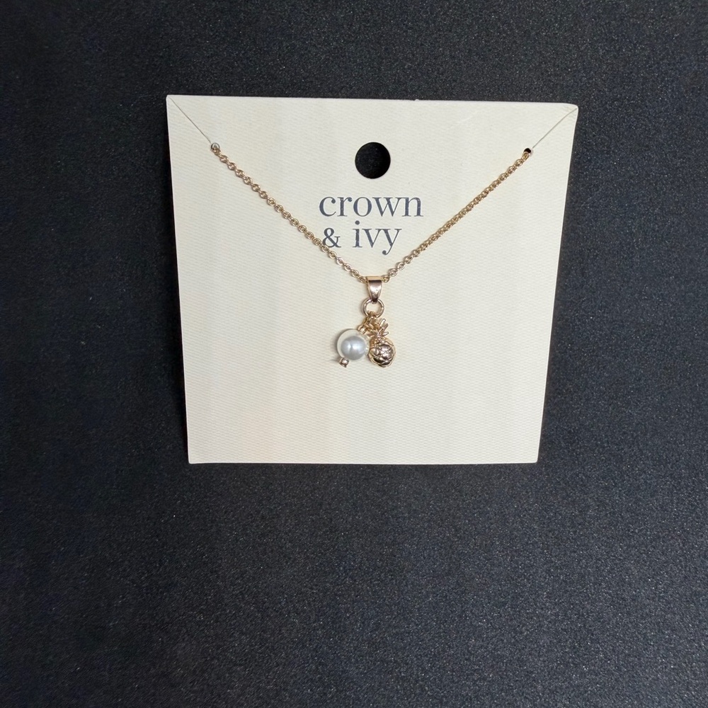 Crown & Ivy Gold Necklace with Pearl and Gold Pineapple Accents
